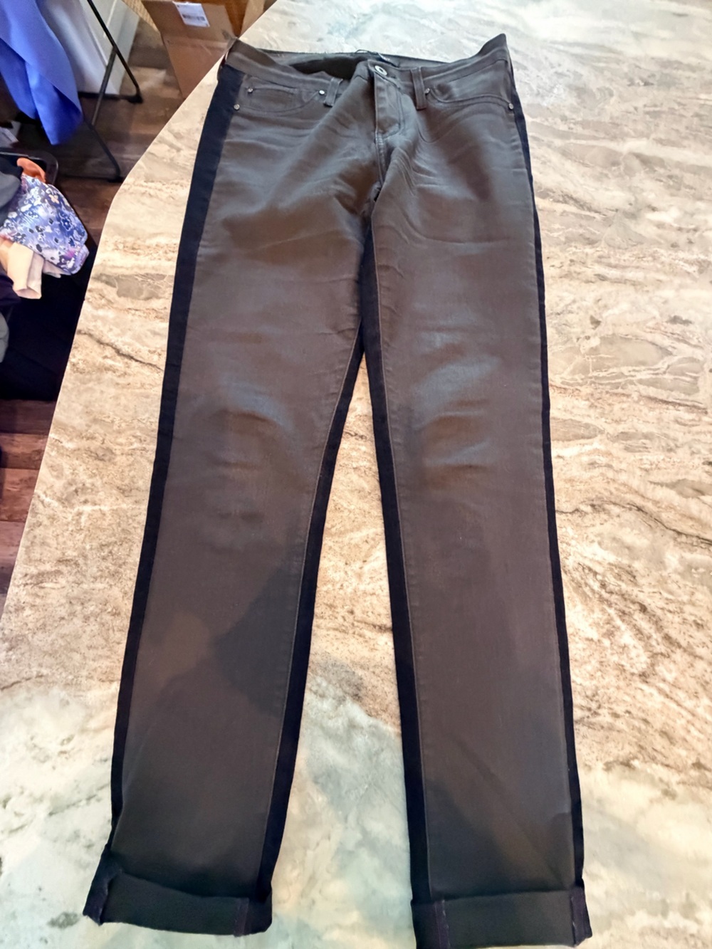 Black Pants with Blue Tuxedo Stripe Women’s Size 28 Slim Straight Leg Trousers
